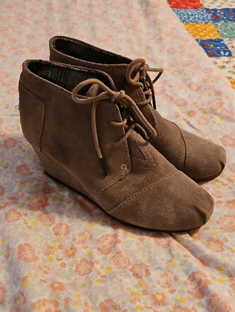 Toms Taupe Suede Wedge Ankle Boots with Lace-Up Front